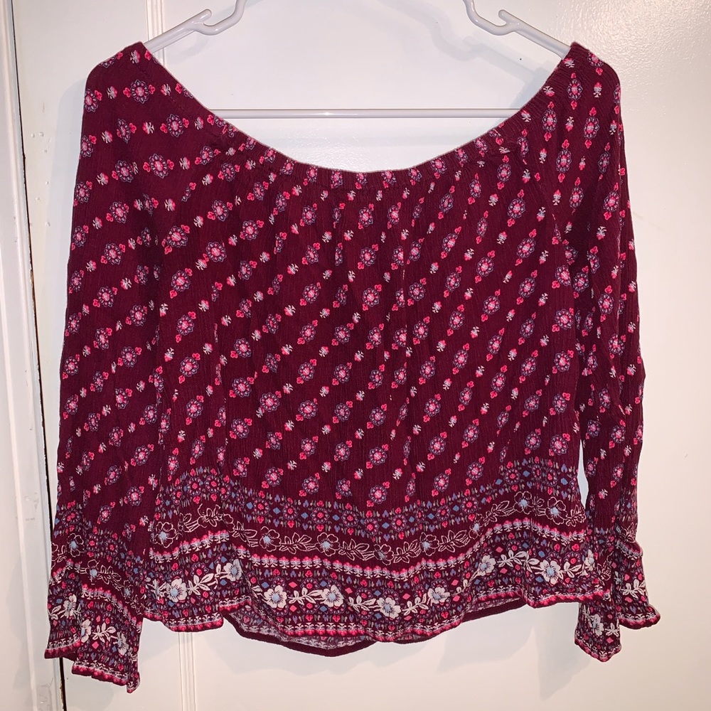 off-the-shoulder floral shirt